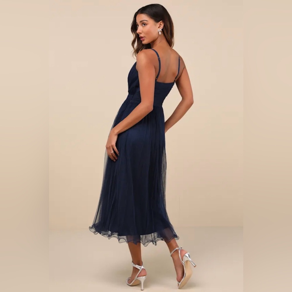 Lulus Exemplary Aura Navy Tulle Midi Dress L NWT - Picture 2 of 6